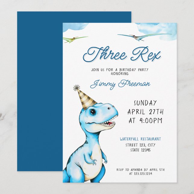 Invitation Aquarelle Bleu Trois Rex Dinosaur Anniversaire (Devant / Derrière)