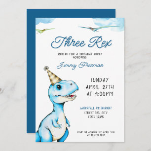 Invitation Aquarelle Bleu Trois Rex Dinosaur Anniversaire