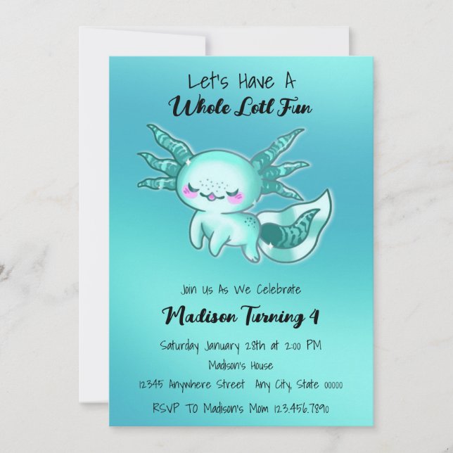 Invitation Aquarelle bleu turquoise Axolotday (Devant)