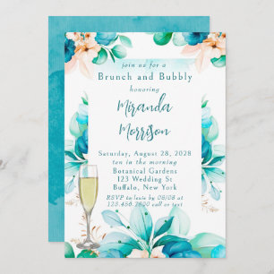 Invitation Aquarelle bleu turquoise Brunch floral et Bubbly I