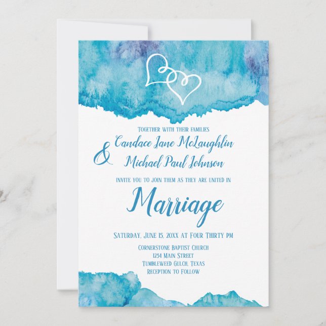 Invitation Aquarelle bleu turquoise Mariage double coeur (Devant)