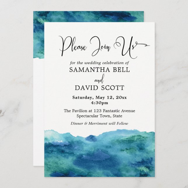 Invitation Aquarelle bleu vert Aqua Mariage moderne 1b (Devant / Derrière)
