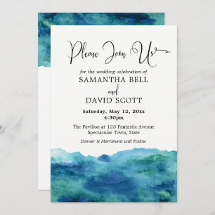 Invitation Aquarelle bleu vert Aqua Mariage moderne 1b