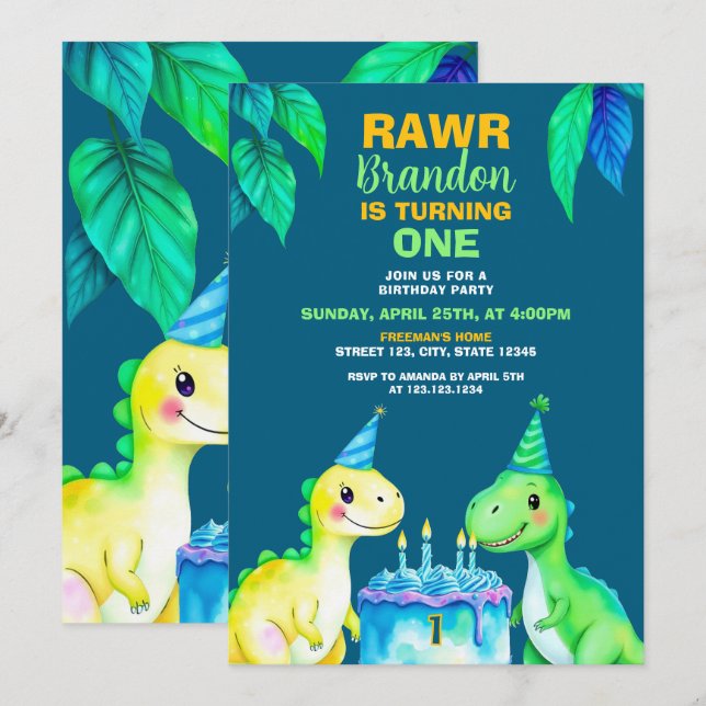 Invitation Aquarelle Bleu Vert Jaune Dinosaure 1er anniversai (Devant / Derrière)