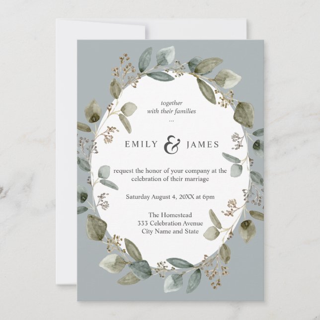 Invitation Aquarelle bleu vert Mariage Feuille Greeney (Devant)