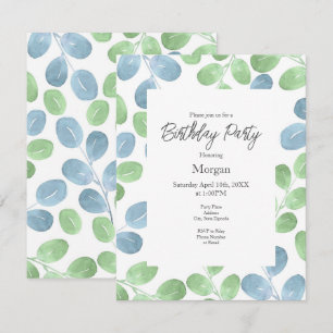 Invitation Aquarelle bleu vert Motif feuille ronde