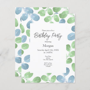 Invitation Aquarelle bleu vert Motif feuille ronde