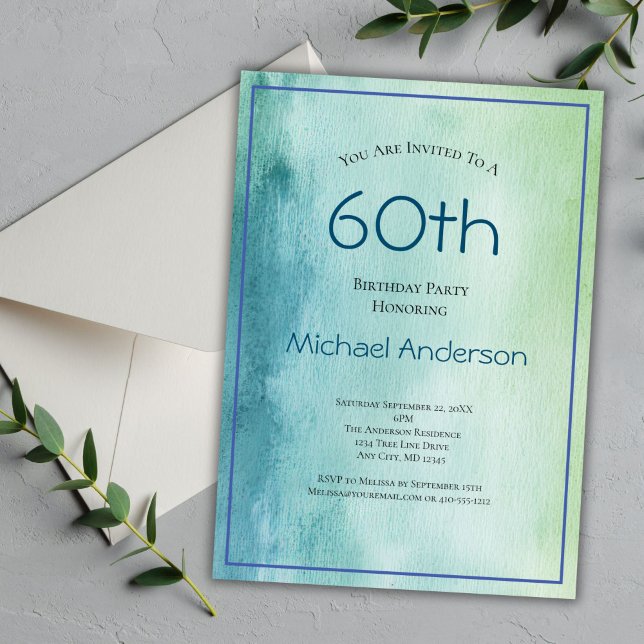 Invitation aquarelle bleu-vert pour ses 60 ans pou (60th Editable Birthday Invitation for him. Blue Green Watercolor Background. Simple Minimalist )