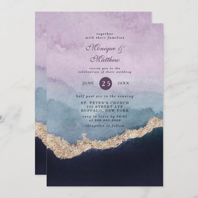 Invitation Aquarelle bleu violet couleur or Agate Mariage (Devant / Derrière)