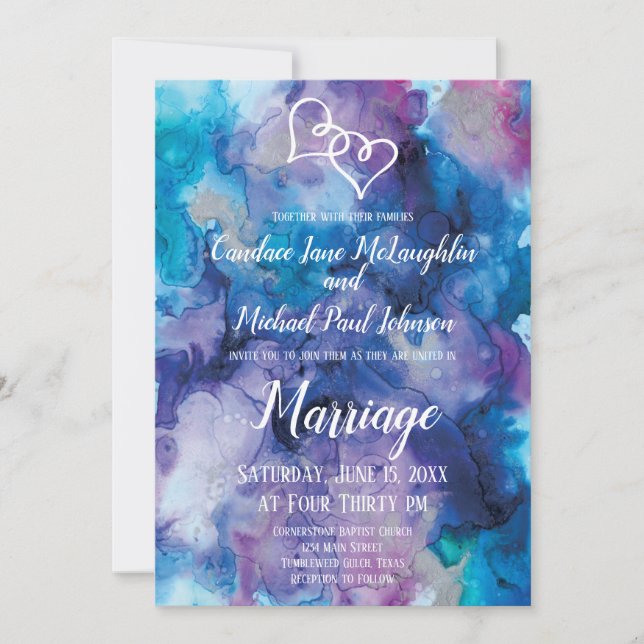 Invitation Aquarelle bleu violet double coeur Mariage Invit (Devant)
