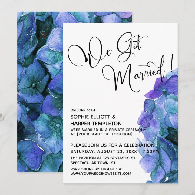 Invitation Aquarelle bleu violet Hydrangea Nous Nous Sommes M (Devant / Derrière)