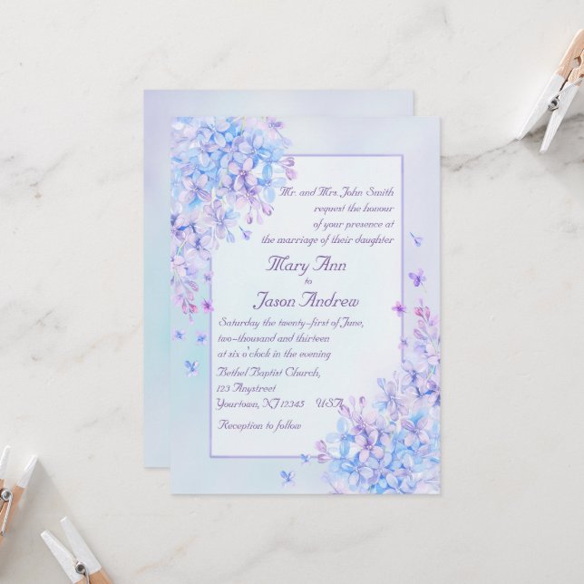 Invitation Aquarelle bleu violet Lilac Fleur Mariage Inviter (Devant/Arrière en situation)