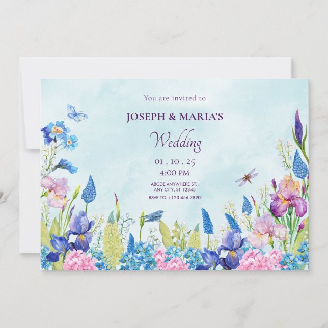 Invitation Aquarelle bleu violet Mariage esthétique floral (Devant)