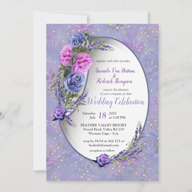 Invitation Aquarelle bleu violet Roses & tulipes avec or c (Devant)