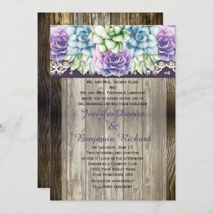 Invitation Aquarelle bleu violet vert Mariage Succulents