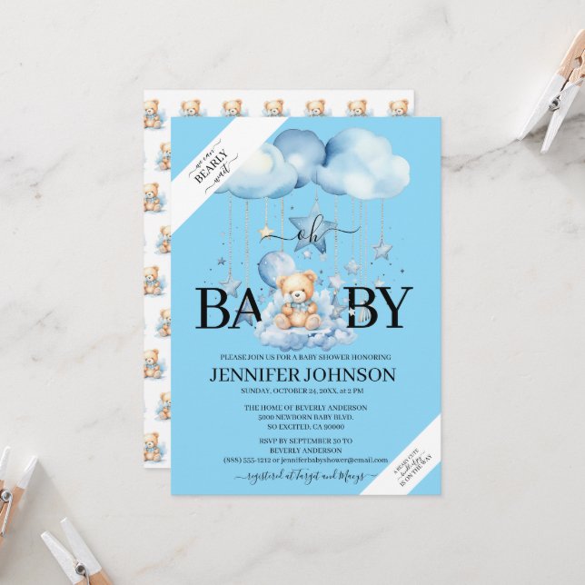 Invitation Aquarelle Bleue adorable Baby shower Ours En Teddy (Devant/Arrière en situation)