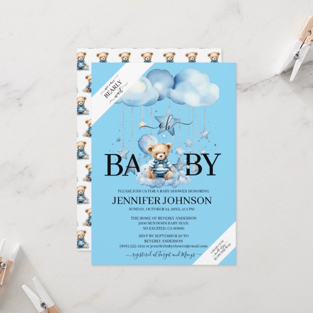 Invitation Aquarelle Bleue adorable Baby shower Ours En Teddy (Devant/Arrière en situation)