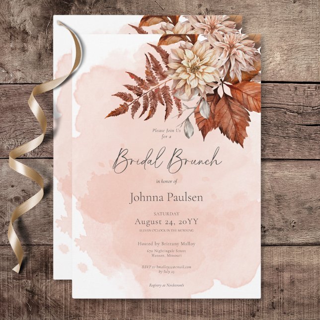 Invitation Aquarelle Bleue Automne Moderne Brunch nuptial (Blush Watercolor Autumn Modern Bridal Brunch Invitation)