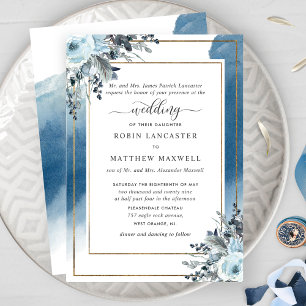 Invitation Aquarelle bleue avec Floral Bleu, Parents Hébergem