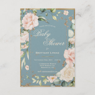 Invitation Aquarelle bleue Baby shower cadre or Floral