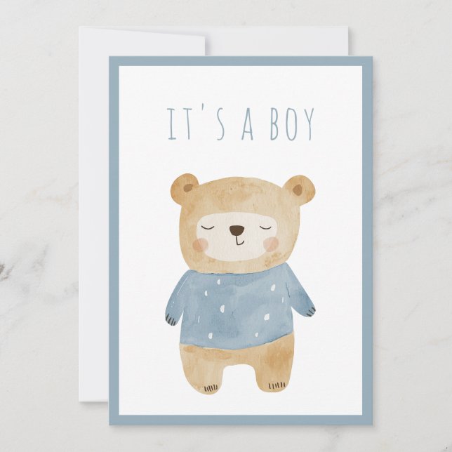Invitation Aquarelle bleue Baby shower d'ours en peluche mign (Devant)