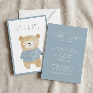 Invitation Aquarelle bleue Baby shower d'ours en peluche mign