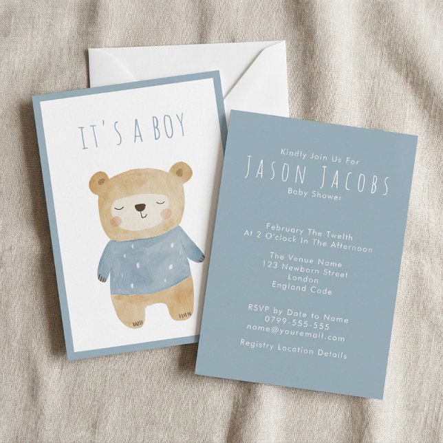 Invitation Aquarelle bleue Baby shower d'ours en peluche mign (Blue Watercolor cute sleepy teddy bear Baby Shower Invitation.)