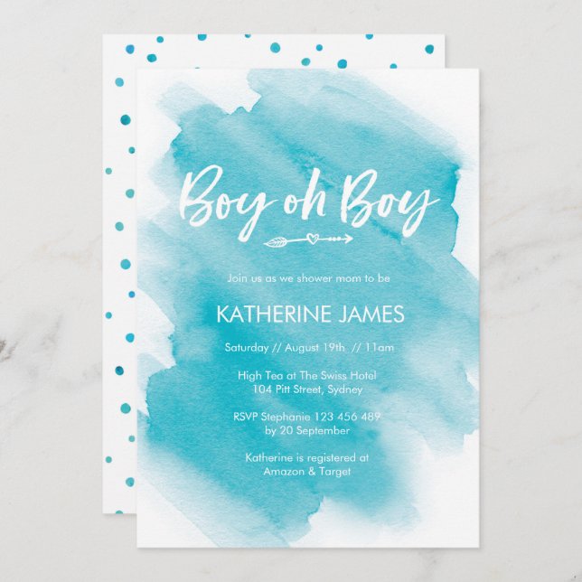 Invitation Aquarelle bleue Baby shower garçon (Devant / Derrière)