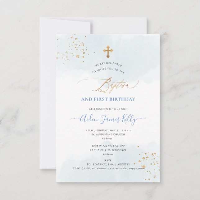 Invitation Aquarelle bleue Baptême + 1er anniversaire (Devant)