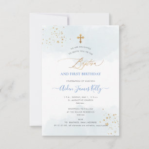 Invitation Aquarelle bleue Baptême d'or+1er anniversaire