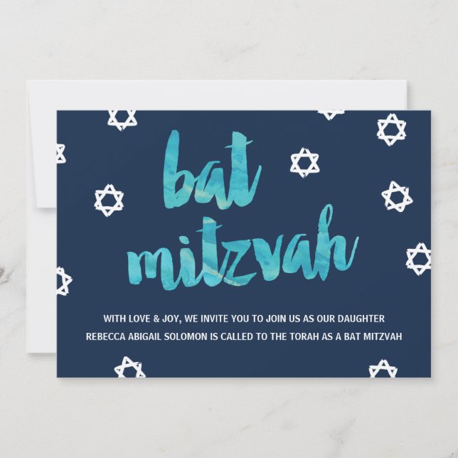 Invitation Aquarelle bleue| Bat mitzvah unique (Devant)