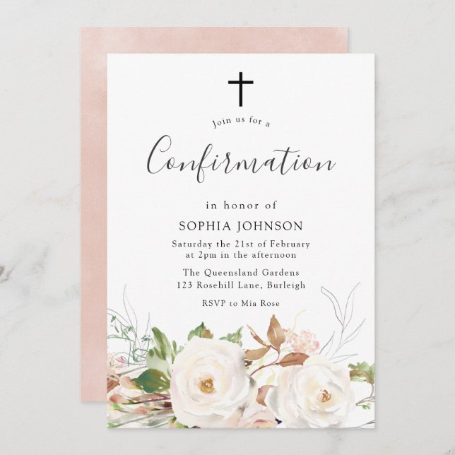 Invitation Aquarelle Bleue Bleu Bleu Joli Confirmation Floral (Devant / Derrière)