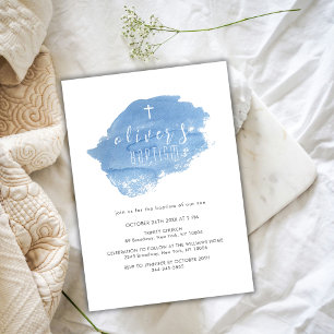 Invitation Aquarelle bleue Blush Cross Christening Baptême