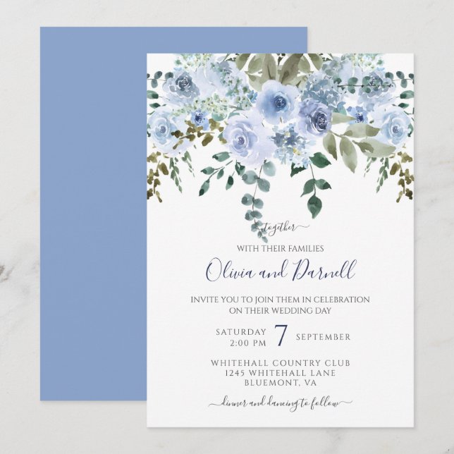 Invitation Aquarelle bleue Bouquet Floral Mariage I Lt Blue (Devant / Derrière)