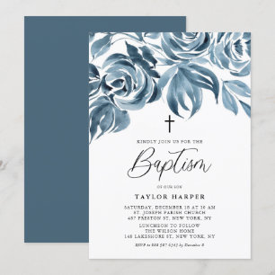 Invitation Aquarelle bleue Bouquet Rose d'hiver Baptême
