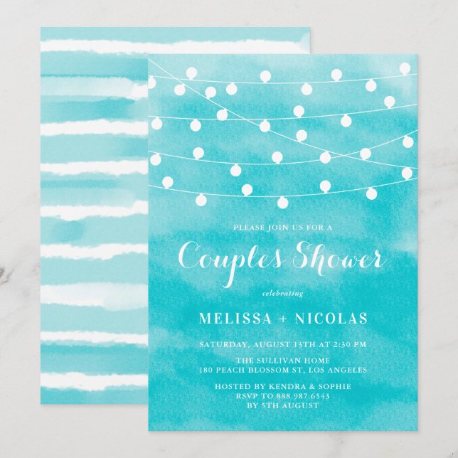 Invitation Aquarelle bleue | Chaîne Lights Couples Douche (Devant / Derrière)