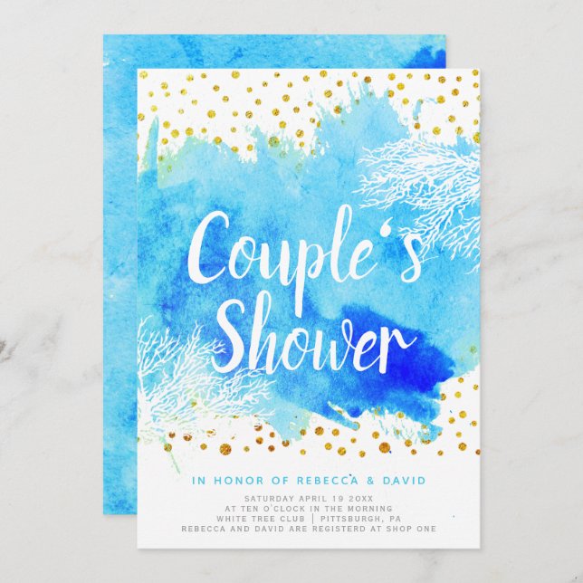 Invitation Aquarelle bleue, corail récif mariage couples douc (Devant / Derrière)