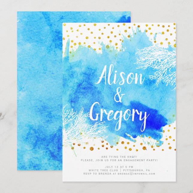 Invitation Aquarelle bleue, corail reef confetti fiançailles (Devant / Derrière)