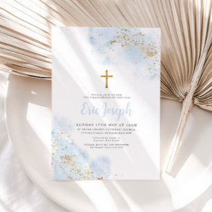 Invitation Aquarelle bleue Croix d'or Garçon Christening Bapt