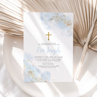 Invitation Aquarelle bleue Croix d'or Garçon Christening Bapt