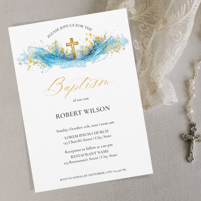 Invitation Aquarelle bleue Croix d'or Garçon Christening Bapt (Créateur téléchargé)