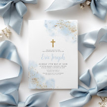 Aquarelle bleue Croix d'or Garçon Christening Bapt