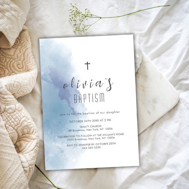 Invitation Aquarelle Bleue Croix Noire Baptême baptisant (Blue Watercolor Black Cross Christening Baptism Invitation)