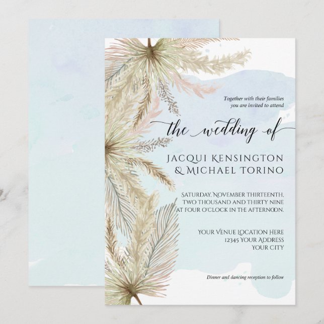 Invitation Aquarelle bleue Dusty Pampas Grass Palm Verdure (Devant / Derrière)