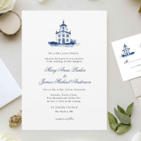 Aquarelle bleue et blanche Chapelle Mariage chréti