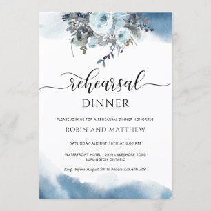 Invitation Aquarelle bleue et dîner de répétition de fleurs b