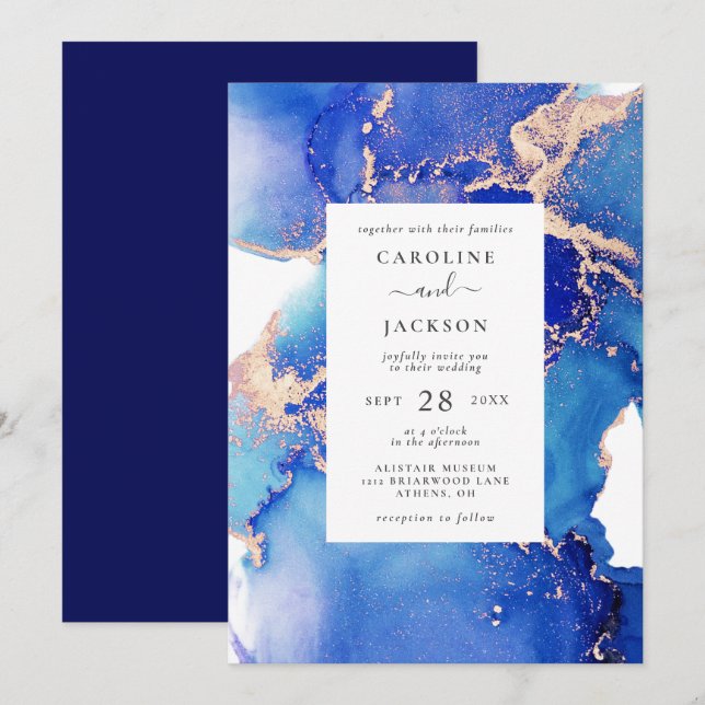 Invitation Aquarelle bleue et Mariage or (Devant / Derrière)