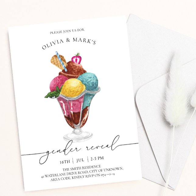 Invitation Aquarelle bleue et rose Crème glacée Révélation de (Créateur téléchargé)