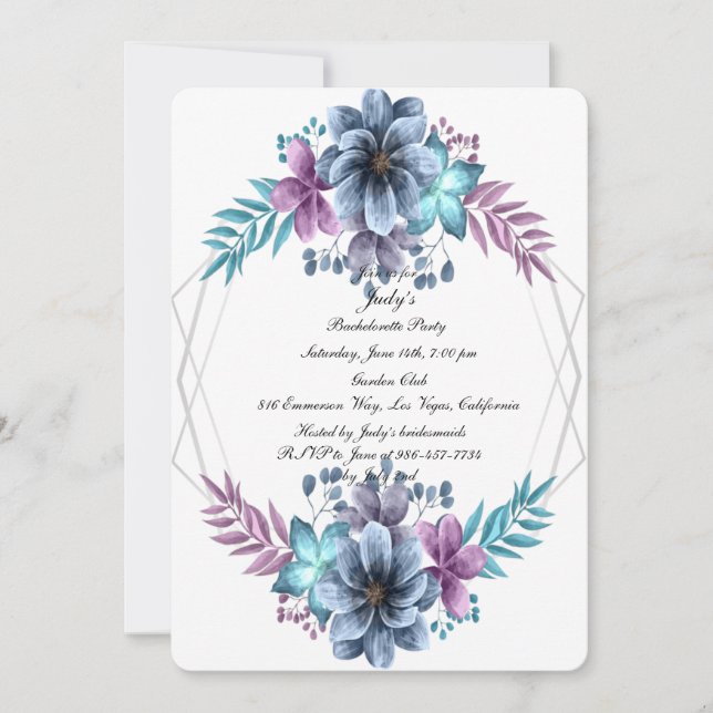 Invitation Aquarelle Bleue Et Violet Bachelorette Florale (Devant)