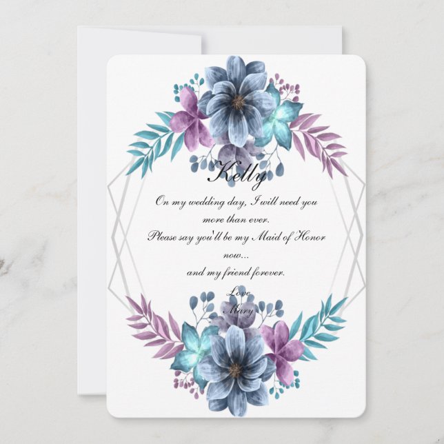 Invitation Aquarelle Bleue Et Violet Florale Maid Of Honor (Devant)